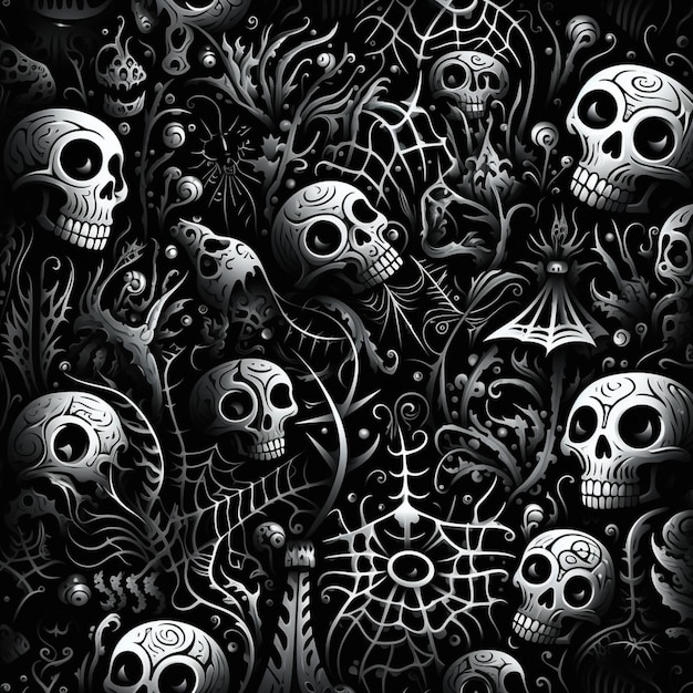 una imagen en blanco y negro de cráneos y telas de araña generativa ai