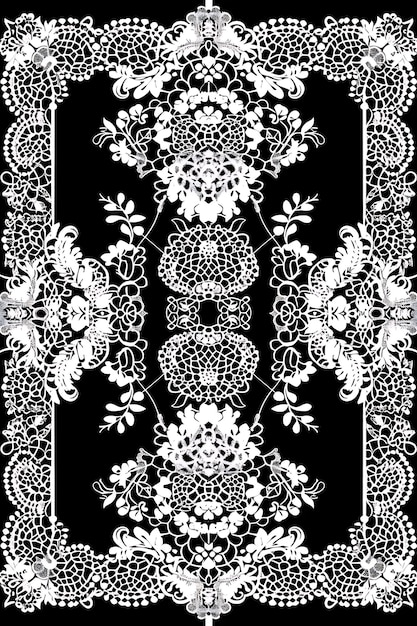 una imagen en blanco y negro de un diseño floral con un fondo negro