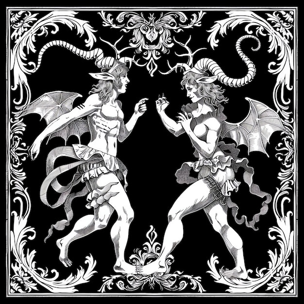 una imagen en blanco y negro de dos personas y un dragón