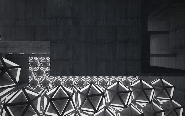 Una imagen en blanco y negro de un edificio con piso de concreto y una pared con una luz.