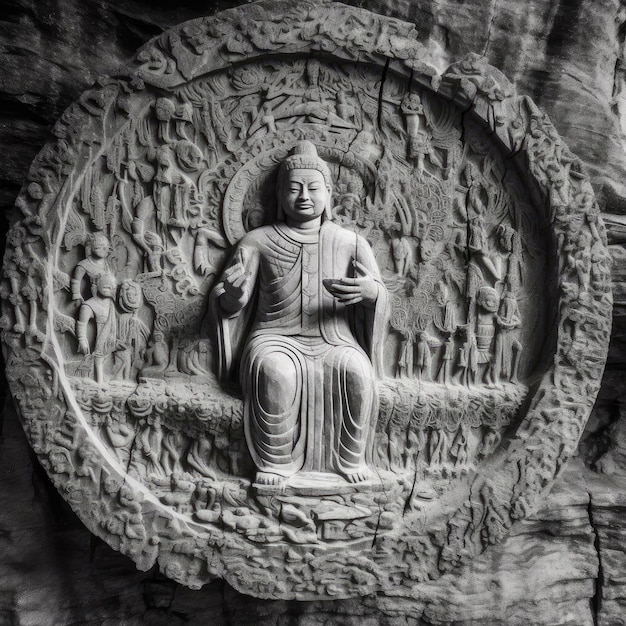 Imagen en blanco y negro de la estatua de Buda en la cueva