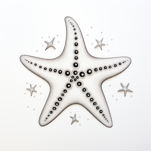 Foto imagen en blanco y negro de una estrella de mar con trozos de chocolate