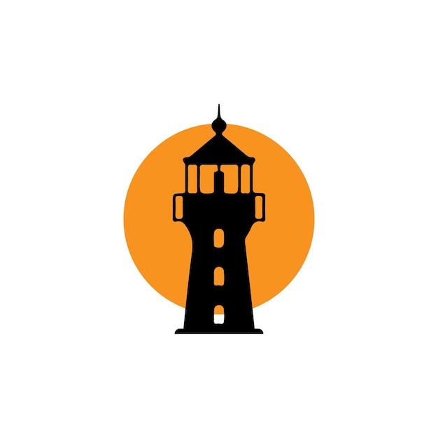 una imagen en blanco y negro de un faro con un sol naranja detrás de él