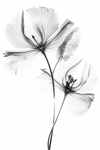 Una imagen en blanco y negro de una flor con pétalos y hojas.