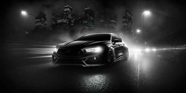 Una imagen en blanco y negro de un Ford Mustang con los faros encendidos.