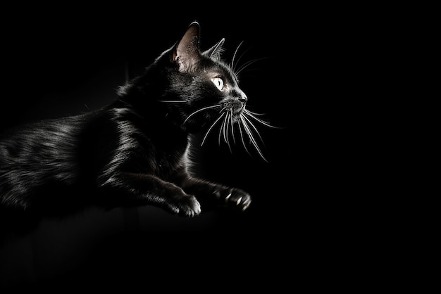 Una imagen en blanco y negro de un gato saltando.