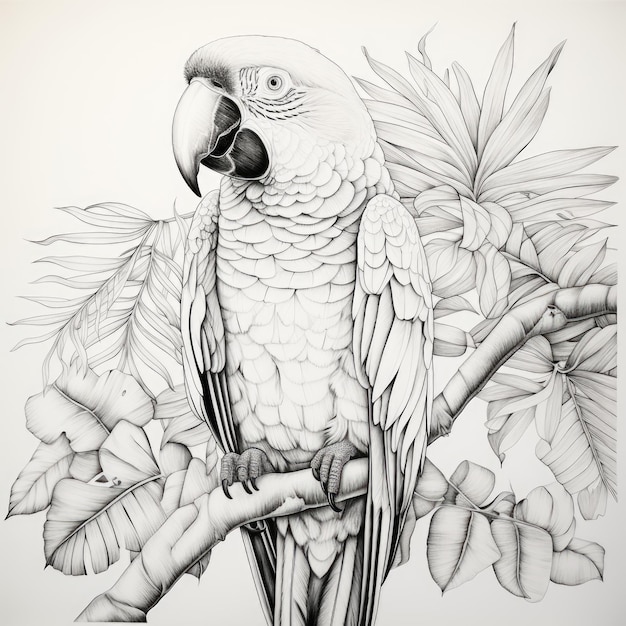 Foto imagen en blanco y negro de un guacamayo amazónico blanco