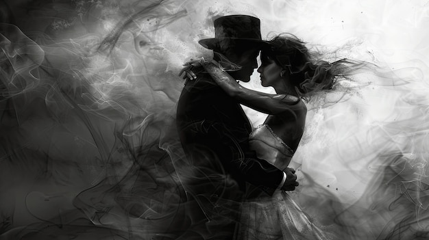 Una imagen en blanco y negro de un hombre y una mujer bailando un tango