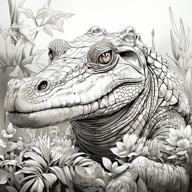 una imagen en blanco y negro de un lagarto con flores en el fondo.