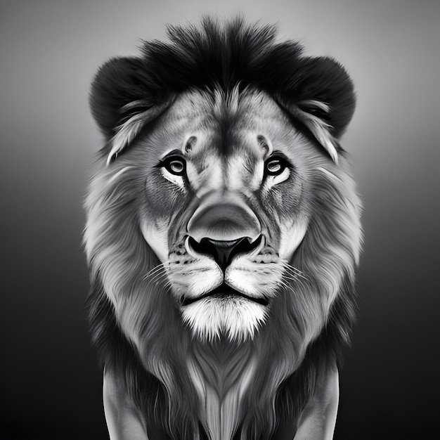 Una imagen en blanco y negro de un león con un fondo negro.