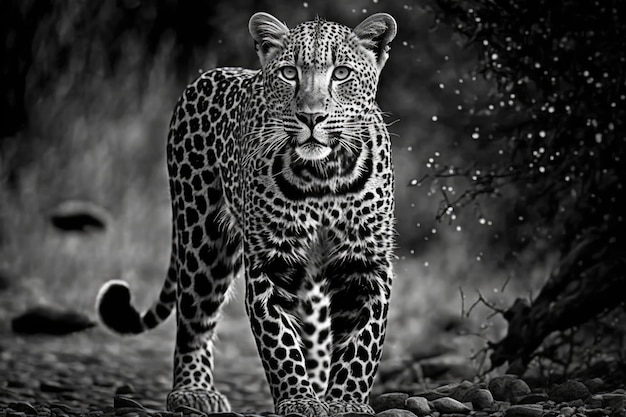 Una imagen en blanco y negro de un leopardo salvaje en África IA generativa