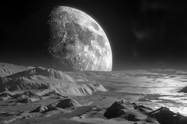 Foto imagen en blanco y negro de la luna con paisaje lunar
