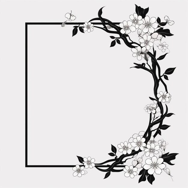 una imagen en blanco y negro de un marco de flores con un pájaro generativo ai