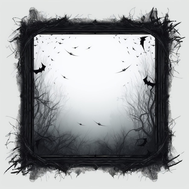 una imagen en blanco y negro de un marco con murciélagos volando en él