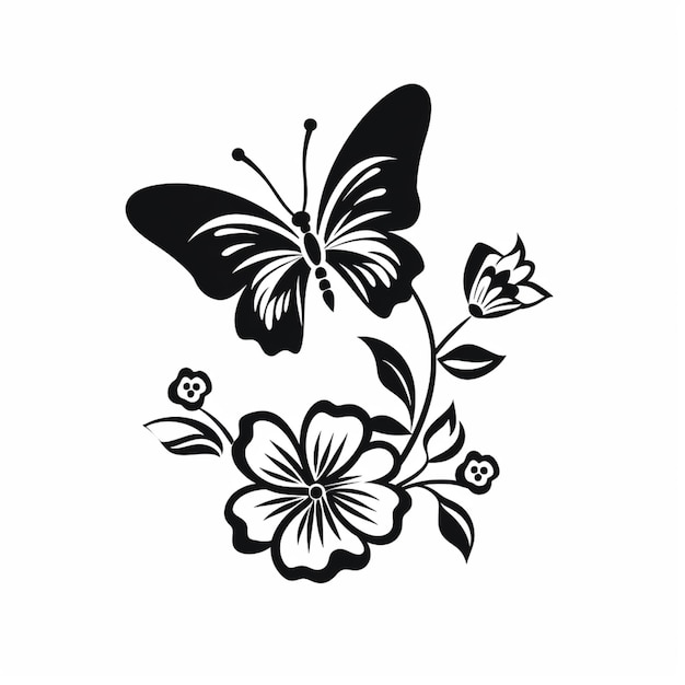 Foto una imagen en blanco y negro de una mariposa y flores generativa ai