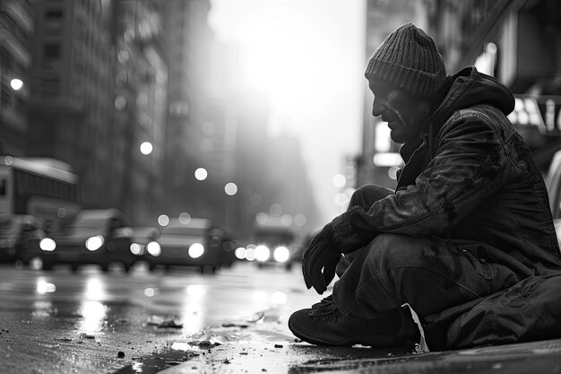 Una imagen en blanco y negro de un mendigo en una calle de la ciudad