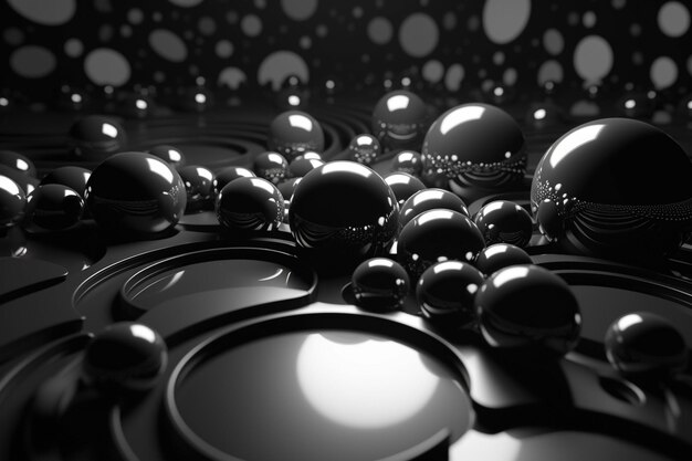 Una imagen en blanco y negro de un montón de bolas de cristal con la palabra "en él".