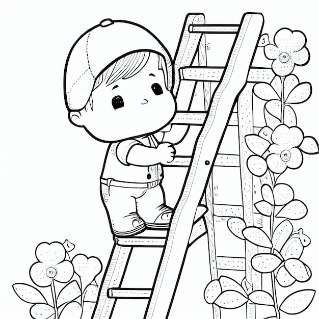 Foto una imagen en blanco y negro de un niño subiendo una escalera generativa ai