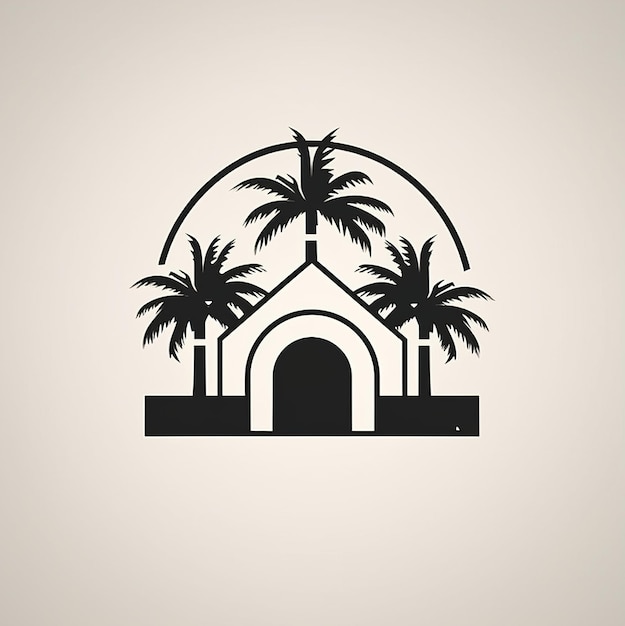 una imagen en blanco y negro de palmeras y un edificio con palmeras.
