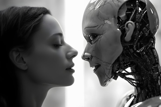 Una imagen en blanco y negro de una pareja de una mujer y un robot enamorado