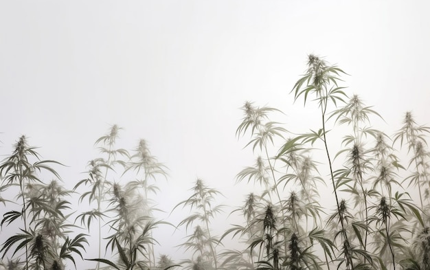 Una imagen en blanco y negro de plantas de cannabis contra un cielo gris.