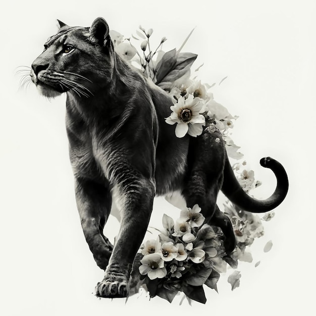 Imagen en blanco y negro en primer plano de una silueta lateral del cuerpo de un león de montaña con doble exposición