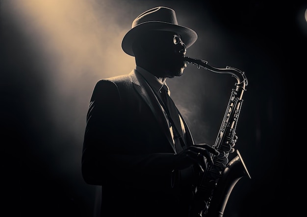 Una imagen en blanco y negro de un saxofonista en un club de jazz lleno de humo con el foco iluminado