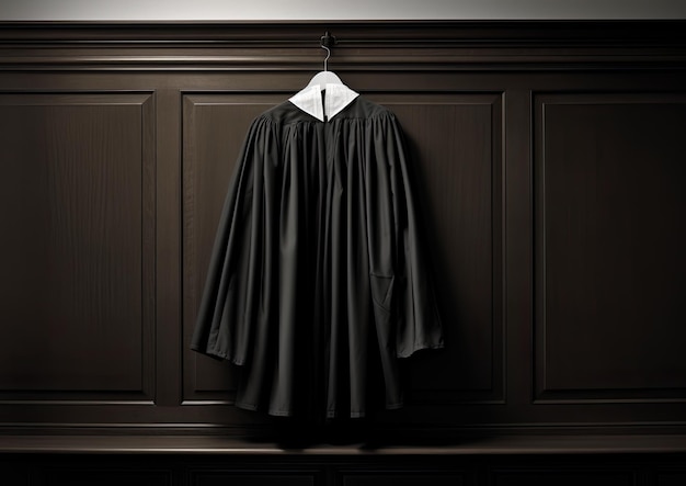Una imagen en blanco y negro de la toga de un juez colgada de un perchero que simboliza el peso y