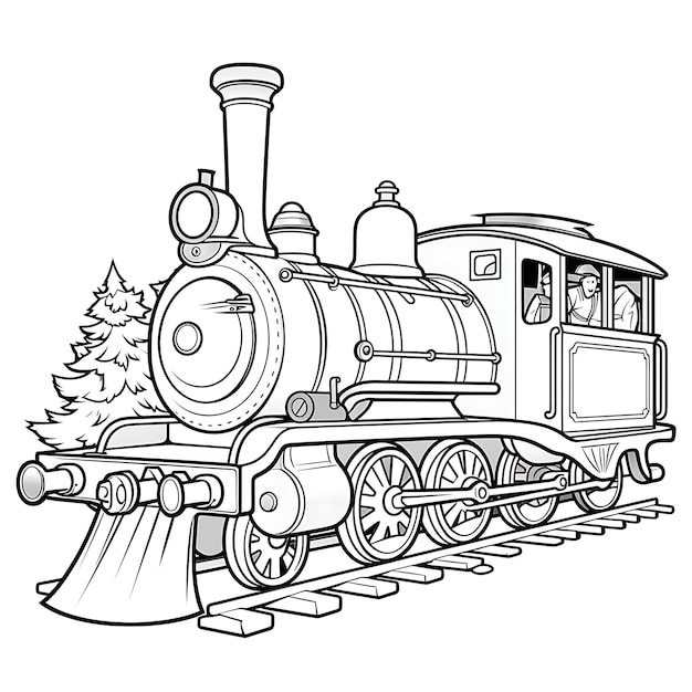 una imagen en blanco y negro de un tren con un árbol de Navidad