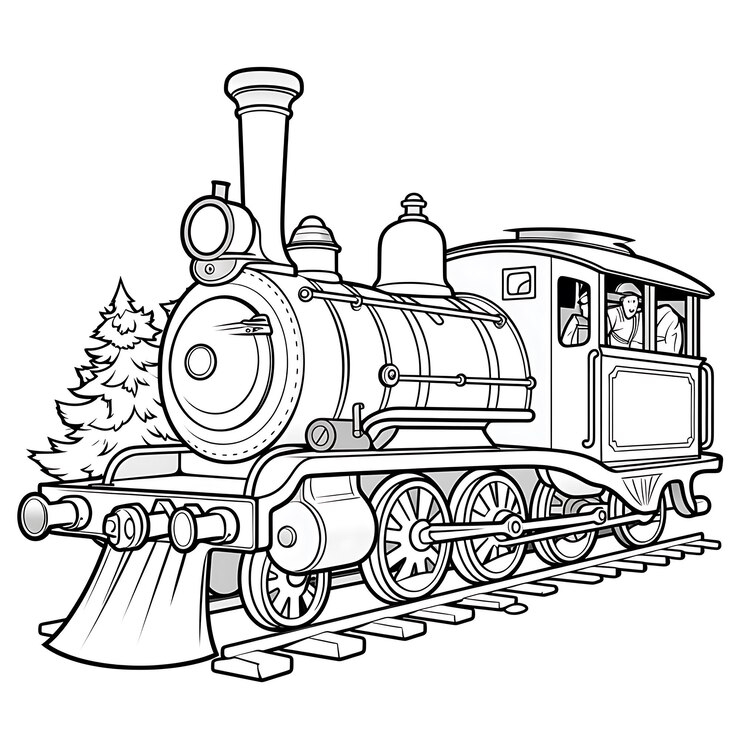 una imagen en blanco y negro de un tren con un árbol de Navidad