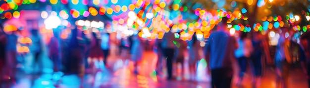 Una imagen borrosa abstracta de personas bailando en un festival al aire libre con luces nocturnas vibrantes