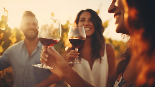 Foto imagen borrosa de amigos brindando vino en un viñedo al aire libre durante el día en el viñedo