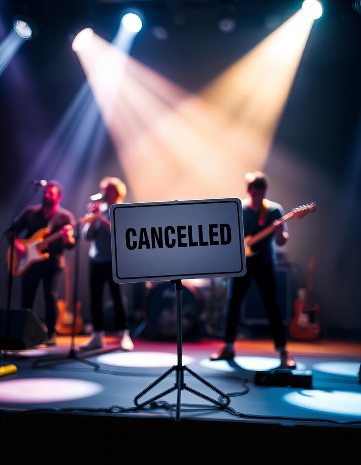 Imagen borrosa de una banda actuando en el escenario con un cartel que dice cancelado