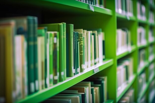 Foto imagen borrosa de la biblioteca de imágenes con fondo verde estanterías en el armario en filas pares