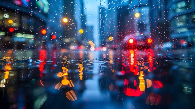 Una imagen borrosa de una calle de la ciudad por la noche bajo la lluvia