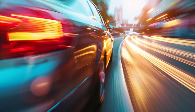 imagen borrosa de un coche conduciendo por una calle de la ciudad por la noche