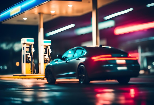 Imagen borrosa de un coche en una gasolinera en la noche