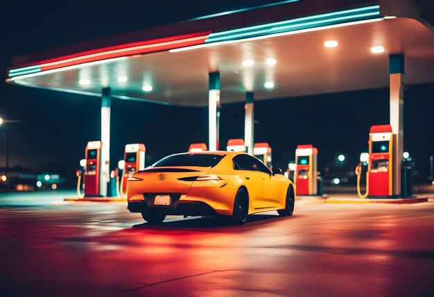 Foto imagen borrosa de un coche en una gasolinera en la noche