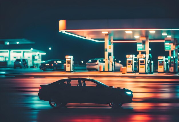 Foto imagen borrosa de un coche en una gasolinera en la noche