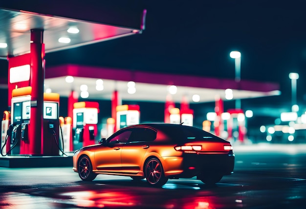 Imagen borrosa de un coche en una gasolinera en la noche
