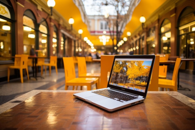 Imagen borrosa de una computadora portátil en una mesa en un restaurante