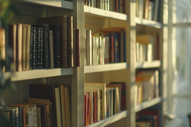 Imagen borrosa de una estantería de madera blanca llena de libros en un entorno doméstico del Reino Unido