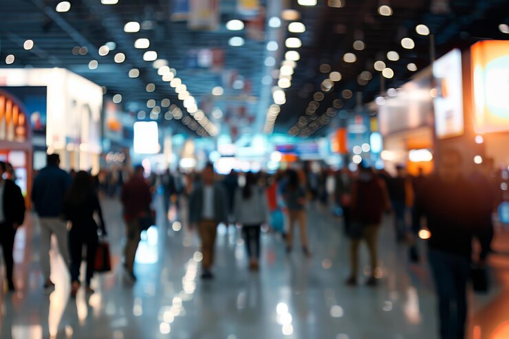 Imagen borrosa de una feria comercial o sala de exposiciones ocupada con luces brillantes y numerosos asistentes