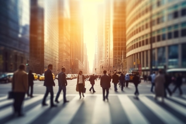 Imagen borrosa de gente de negocios caminando en el vestíbulo de un edificio de oficinas moderno