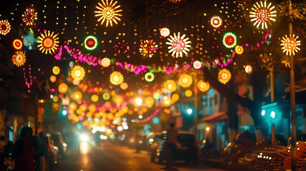 Imagen borrosa de luces de colores colgando sobre una calle por la noche con efecto bokeh