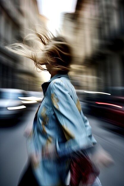 una imagen borrosa de una mujer corriendo en la calle con un fondo borroso