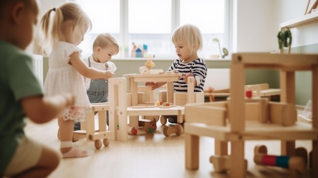Imagen borrosa de niños jugando en un jardín de infantes