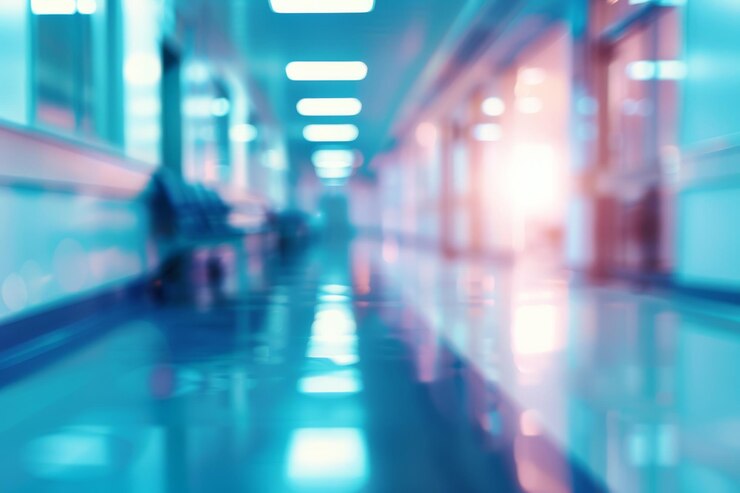 Imagen borrosa de un pasillo del hospital con luces fluorescentes brillantes