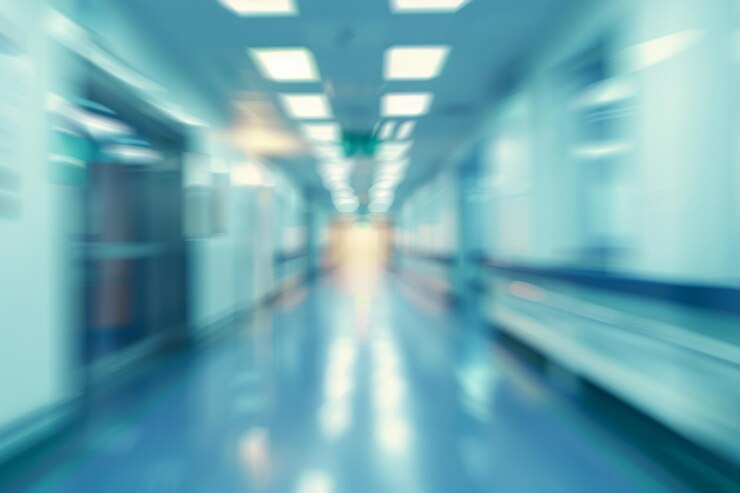 Imagen borrosa de un pasillo del hospital con luces fluorescentes brillantes
