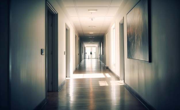 Imagen borrosa de un pasillo vacío en una oficina.